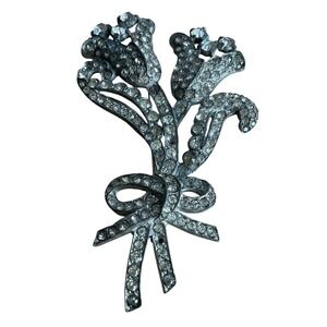 Vintage Pot Metal Rhinestone Bow Brooch 1930s Art Deco Flower Design 3.25" x 2"